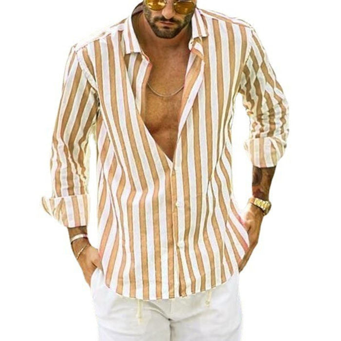 【Acquista 2 spedizione gratuita】Manica lunga button down a righe in cotone e lino da uomo-7