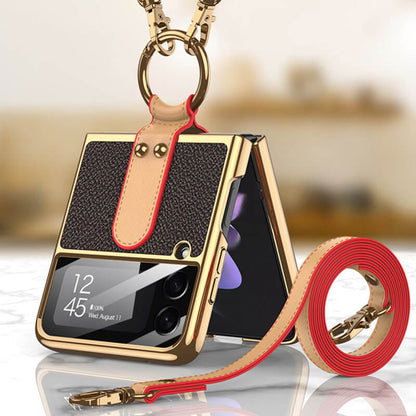 Copertura originale in pelle posteriore con cornice rigida in vetro temperato per Samsung Z Flip4 Flip3 5G con laccio