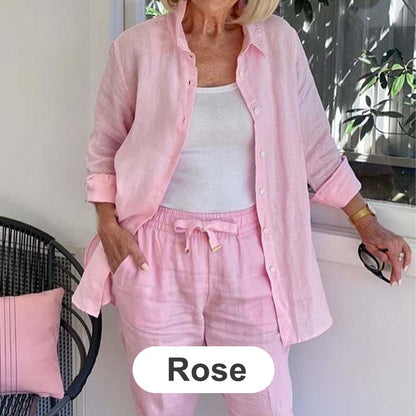 🧥+👖Set donna camicetta e pantaloni a maniche lunghe in cotone e lino