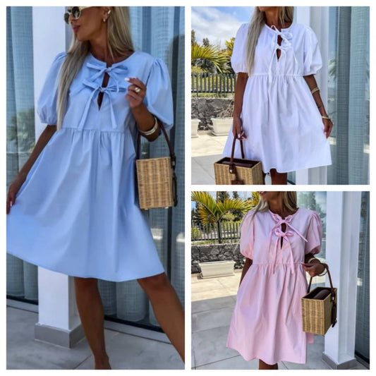 robe de femme unie à la mode avec nœud sur le devant et manches bouffantes