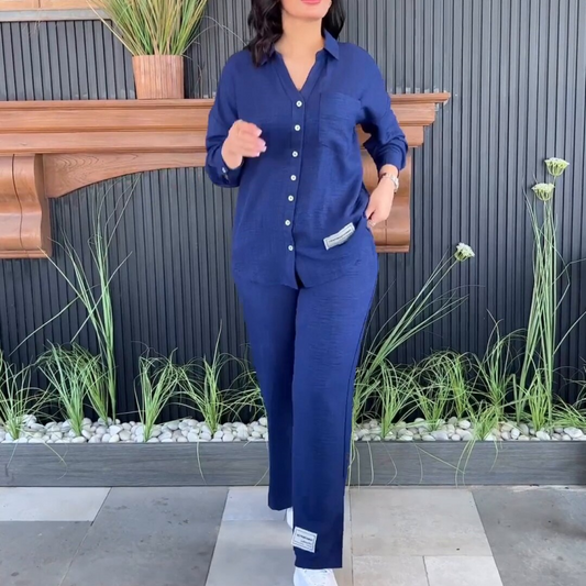 Ensemble chemise ample à manches longues et pantalon large fendu taille haute pour femme