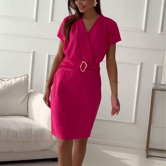 🌺2025 Nouveautés de l'été👗Robe courte à manches courtes et col en V avec taille cintrée