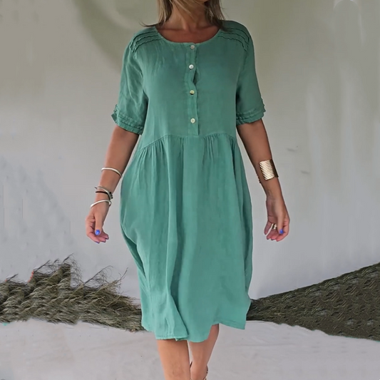 Robe chemise en coton et lin à manches courtes de style rétro