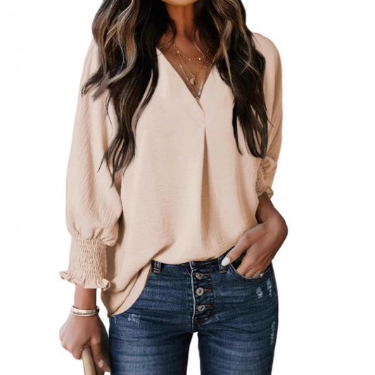 Chemise ample décontractée à col en V et manches 3/4