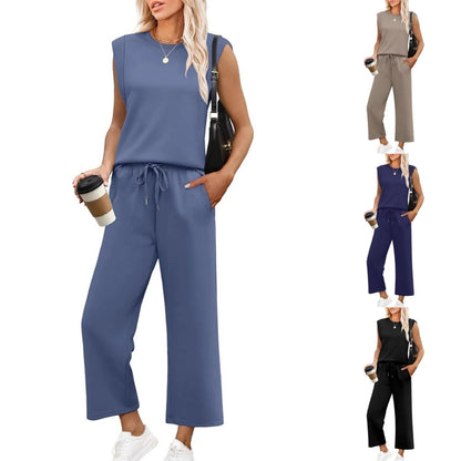 Completo 2 Pezzi da Donna con Top Senza Maniche e Pantaloni a Gamba Larga