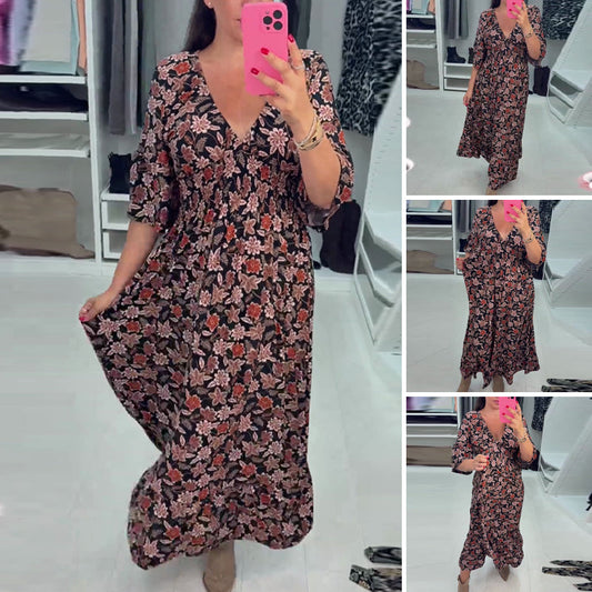 Abito Maxi Stampato con Scollo a V e Maniche a 3/4