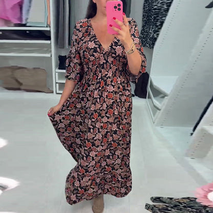 Abito Maxi Stampato con Scollo a V e Maniche a 3/4