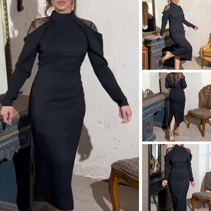 ⏳Elegante abito midi da donna con collo alto e retro in pizzo