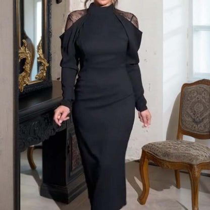 ⏳Elegante abito midi da donna con collo alto e retro in pizzo
