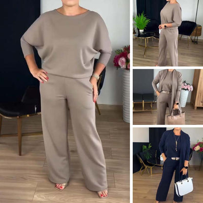 Elegante cardigan lungo, top e pantaloni, set di 3 pezzi