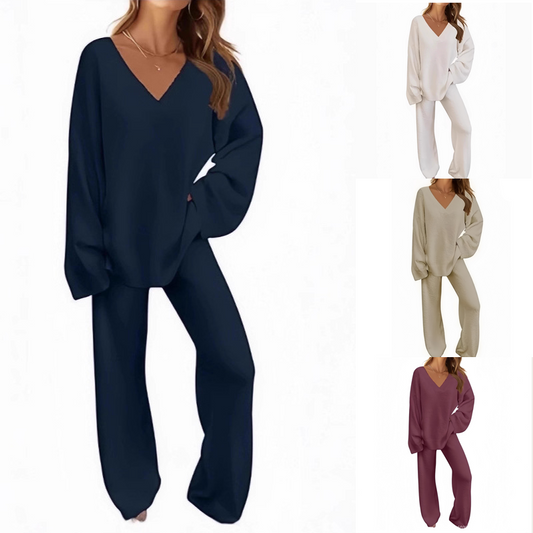 Set donna maglia e pantaloni a maniche lunghe con scollo a V