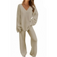 Set donna maglia e pantaloni a maniche lunghe con scollo a V