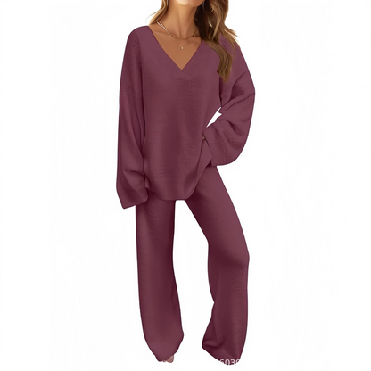 Set donna maglia e pantaloni a maniche lunghe con scollo a V