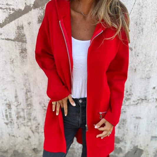 Giacca felpata con cappuccio a maniche lunghe con zip, moda casual