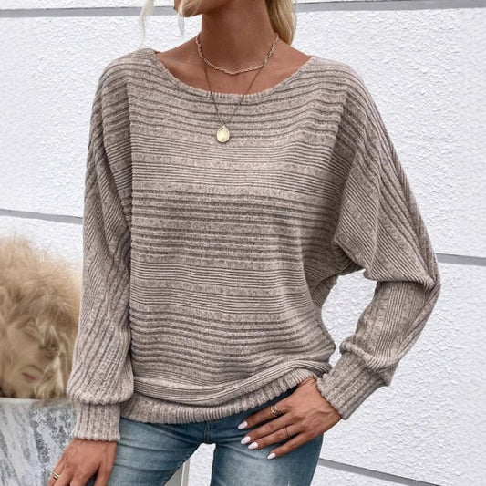 🌟🌟Maglia a Girocollo a Tinta Unita con Maniche Lunghe e Texture a Righe