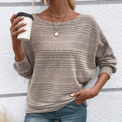 🌟🌟Maglia a Girocollo a Tinta Unita con Maniche Lunghe e Texture a Righe
