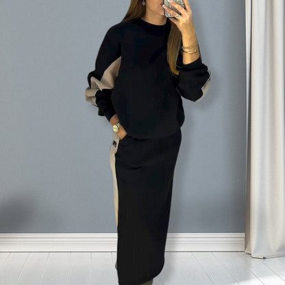 🌟🌟Top a maniche lunghe a blocchi di colore e set di gonne con spacco