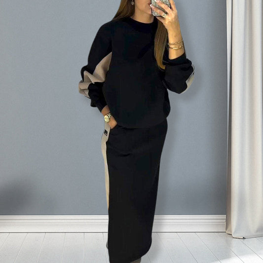 🌟🌟Top a maniche lunghe a blocchi di colore e set di gonne con spacco