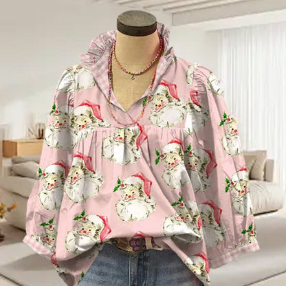 Christmas Santa Print Ruffle V-Neck Blouse