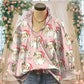 Christmas Santa Print Ruffle V-Neck Blouse