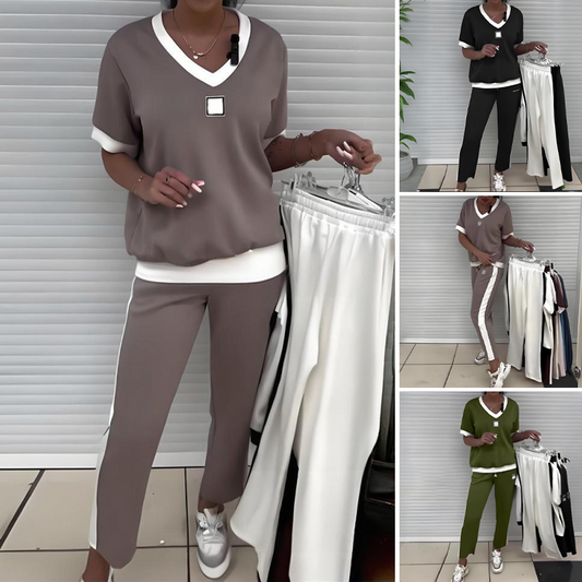 Set di pantaloni e top casual da donna con scollo a V