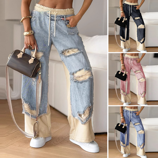 🍁✨Pantaloni larghi con coulisse elastica in denim patchwork