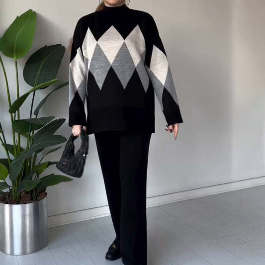 Set di maglione e pantaloni a rombi a blocchi di colore
