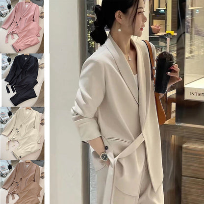 Women's Formal Office 2-Piece Set: Tie-Front Blazer & Wide Leg Pants