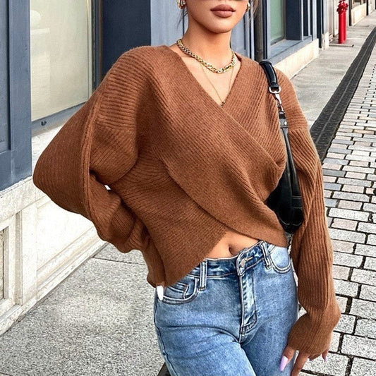 Maglione chic con scollo a V e manica lunga, con avvolgimento frontale