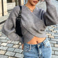 Maglione chic con scollo a V e manica lunga, con avvolgimento frontale