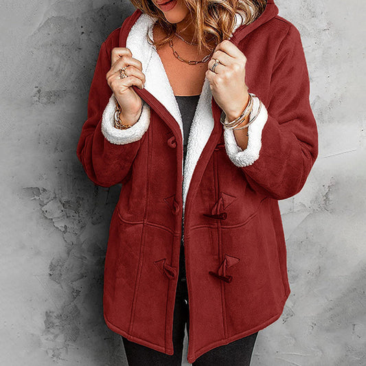 Cappotto da donna in pelle scamosciata con cappuccio e fodera in peluche