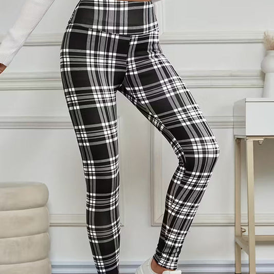 Leggings slim fit caldi a quadri per donna, altamente elastici